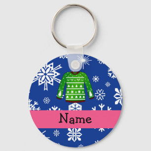 Custom name green ugly christmas sweater key ring