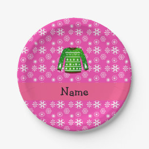 Custom name green ugly christmas sweater pink paper plate