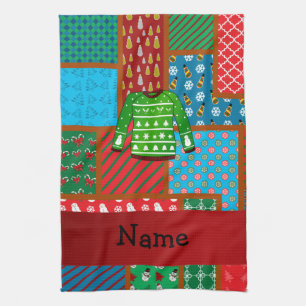 Custom name green ugly christmas sweater tea towel