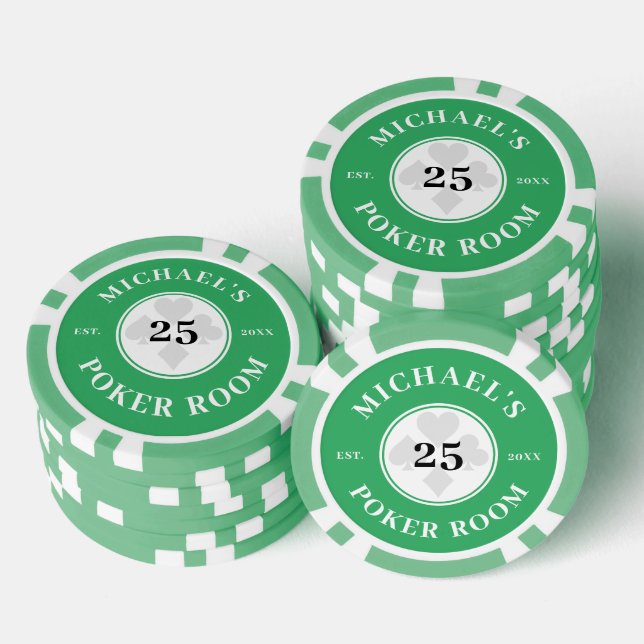 Custom Name Green & White Las Vegas Denomination Poker Chips (Stack)