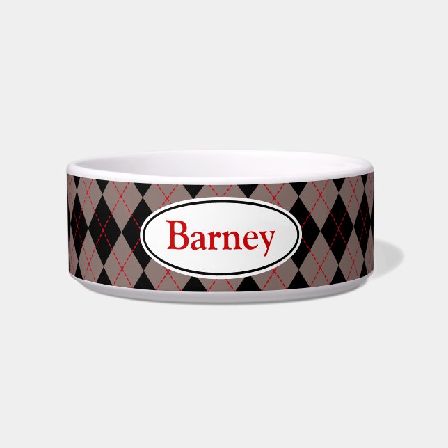 Custom Name Grey Argyle Dog Cat Pet Bowl (Front)