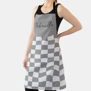 Custom name grey check blocks pattern apron