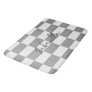 Custom name grey check blocks pattern bath mat