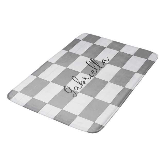 Custom name grey check blocks pattern bath mat (Angled)