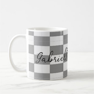 Custom name grey check blocks pattern coffee mug