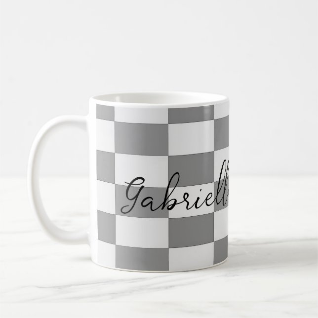 Custom name grey check blocks pattern coffee mug (Left)