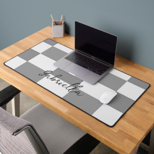 Custom name grey check blocks pattern desk mat