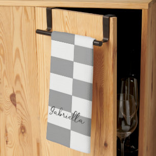Custom name grey check blocks pattern tea towel