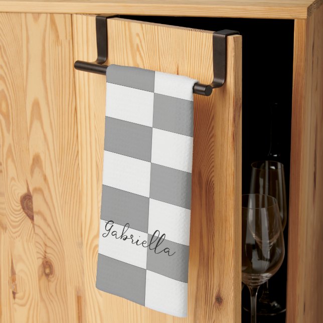 Custom name grey check blocks pattern tea towel (Thirds Fold)