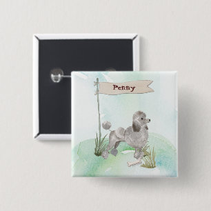 Custom Name Grey Poodle Pet Dog 15 Cm Square Badge