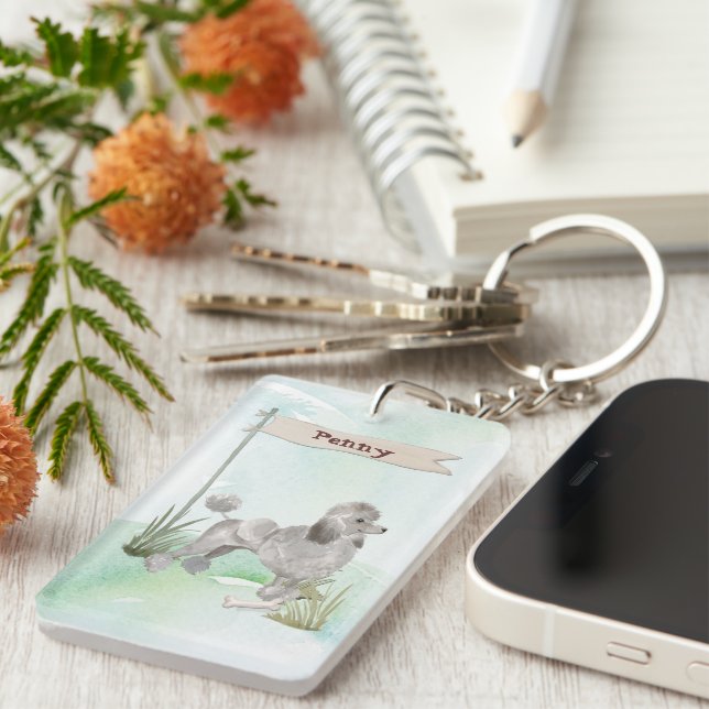 Custom Name Grey Poodle Pet Dog Key Ring (Front Right)