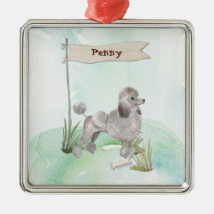 Custom Name Grey Poodle Pet Dog Metal Tree Decoration
