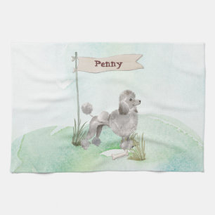 Custom Name Grey Poodle Pet Dog Tea Towel