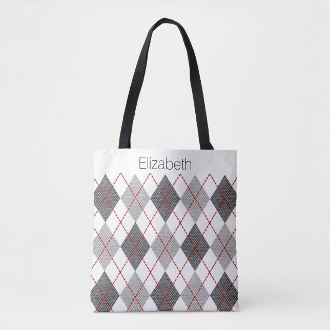 Custom Name Grey White Black Red Argyle Tote Bag (Front)