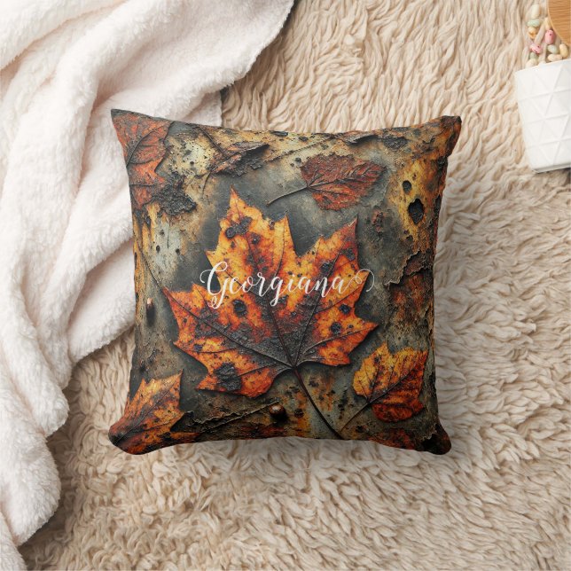 Custom Name Grungy Autumnal Industrial Leaves Cushion (Blanket)