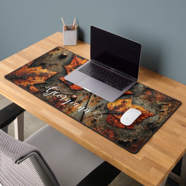 Custom Name Grungy Autumnal Industrial Leaves Desk Mat (Office 2)
