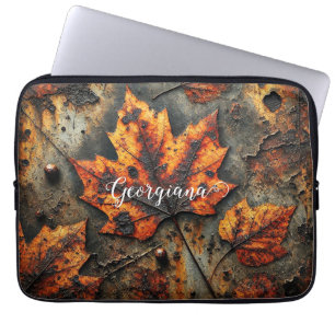 Custom Name Grungy Autumnal Industrial Leaves Laptop Sleeve