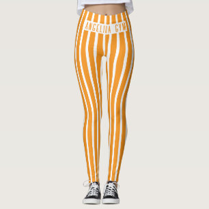 Custom Name Gym Orange and White Vertical Striped  Leggings