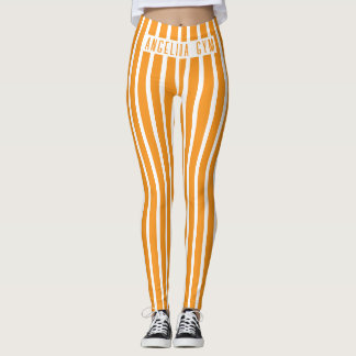 Custom Name Gym Orange and White Vertical Striped  Leggings