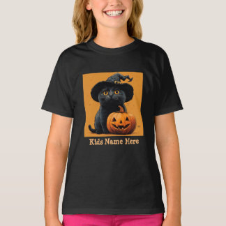 Custom Name Halloween Black Cat Pumpkin T-Shirt