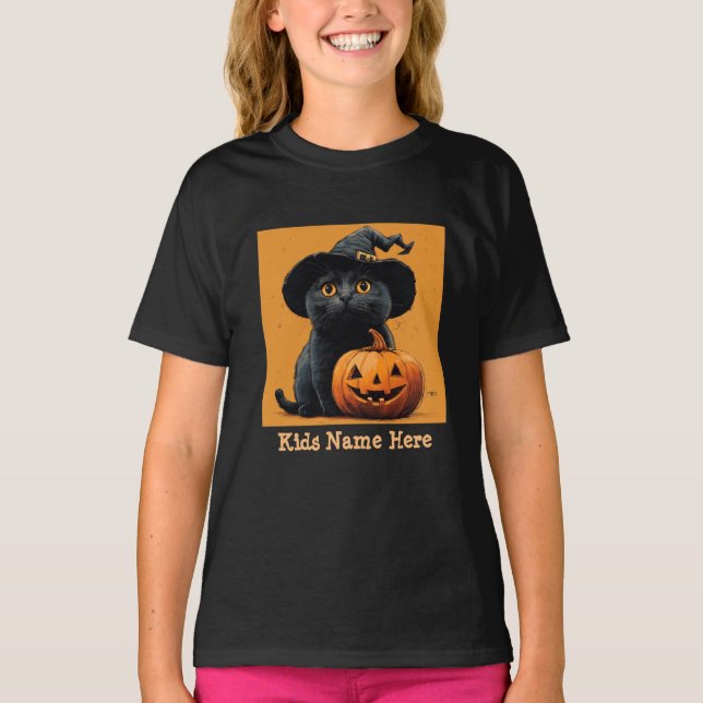 Custom Name Halloween Black Cat Pumpkin T-Shirt (Front)