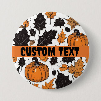 Custom Name Halloween Button, Autumn Leaf Pumpkin  7.5 Cm Round Badge