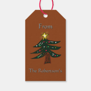 Custom Name Hand Drawn Christmas Tree Brown Gift Tags