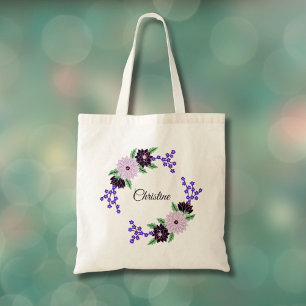 Custom Name Hand Drawn Dahlia Floral Wreath Tote Bag