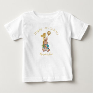 Custom Name Happy 1st birthday Peter gold balloon Baby T-Shirt