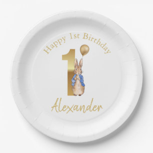 Custom Name Happy 1st birthday Peter gold balloon Paper Plate