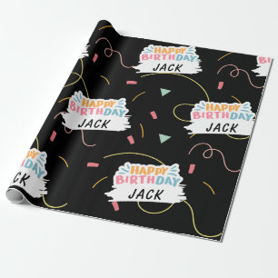 Custom Name Happy Birthday Black Wrapping Paper