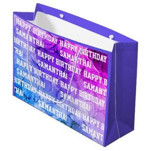 Custom Name Happy Birthday Blue/Purple Marble Large Gift Bag
