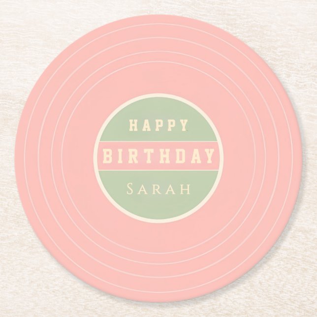 Custom Name Happy Birthday Drink Round Paper Coaster (Front)