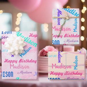 Custom NAME Happy Birthday Girl's Gift Pink Wrapping Paper Sheet