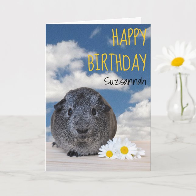 Custom Name Happy Birthday Guinea Pig White Daisy Card (Small Plant)