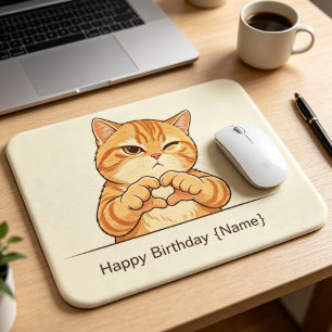 Custom Name Happy Birthday Orange Cat Heart‑Hands  Mouse Mat