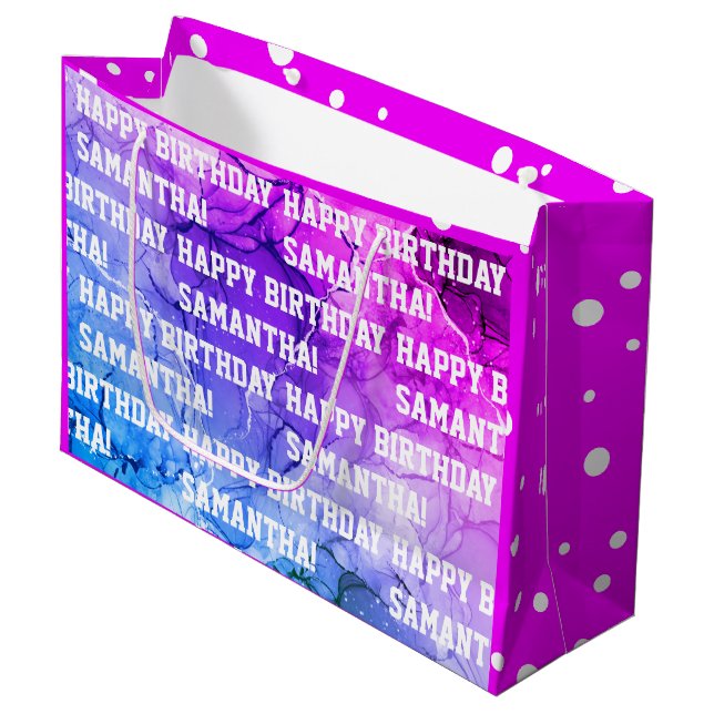 Custom Name Happy Birthday Pink/Purple Marble Large Gift Bag (Front Angled)