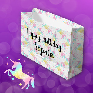 Custom Name Happy Birthday Rainbow Unicorn Large Gift Bag