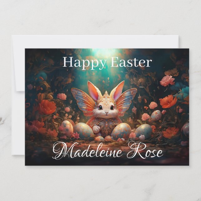 Custom Name Happy Easter Bunny with Easter eggs Holiday Card (Front)