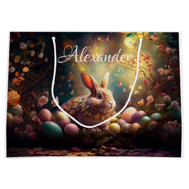 Custom Name Happy Easter Bunny with Easter eggs Large Gift Bag (Front)