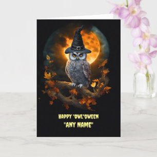 Custom Name Happy Halloween with Cute Owl Fall  Card