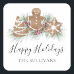 Custom Name Happy Holidays Cookies Square Sticker<br><div class="desc">These festive Happy Holidays stickers are decorated with watercolor Christmas cookies,  berries,  and foliage.
Easily customisable.
Because we create our artwork you won't find this exact image from other designers.
Original Watercolor © Michele Davies.</div>