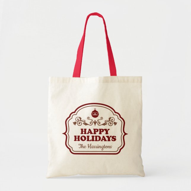 Custom name Happy Holidays tote bags (Front)