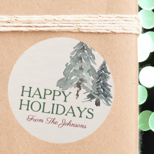Custom Name Happy Holidays Watercolor Pine Trees Classic Round Sticker