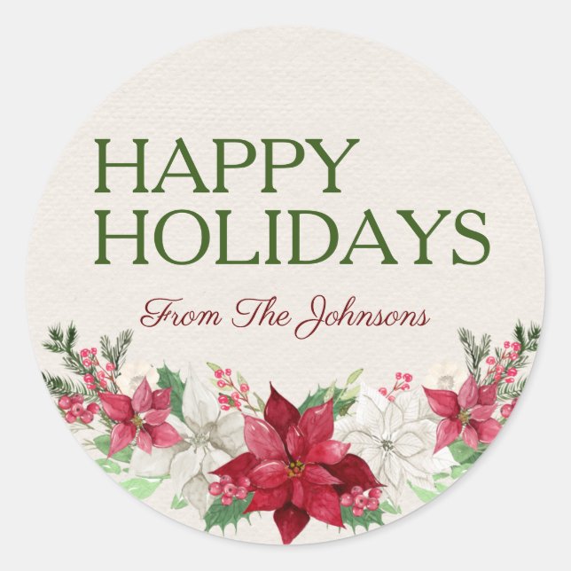 Custom Name Happy Holidays Watercolor Poinsettia Classic Round Sticker (Front)