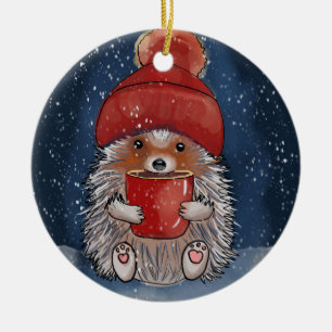 Custom Name Hedgehog With Hot Drink Ceramic Tree Decoration