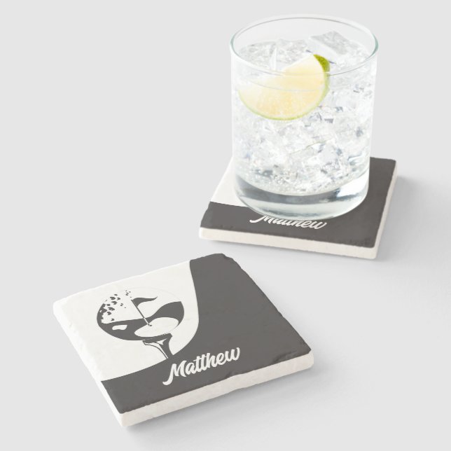 Custom Name Hello Black and White Golf  Stone Coaster (Side)
