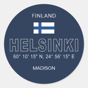 Custom Name Helsinki Coordinates Classic Round Sticker