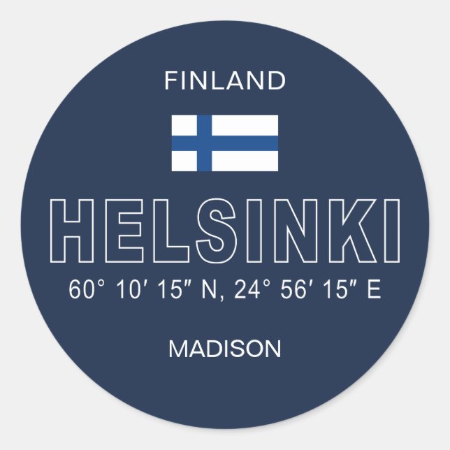 Custom Name Helsinki Coordinates Classic Round Sticker (Front)