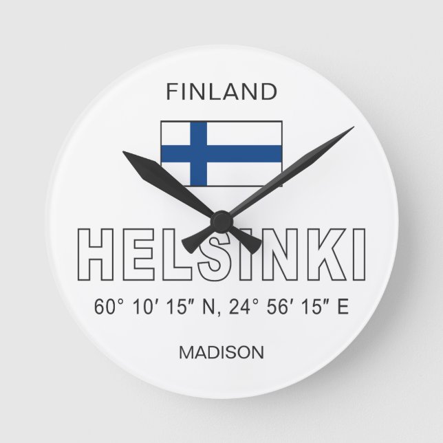 Custom Name Helsinki Coordinates Round Clock (Front)